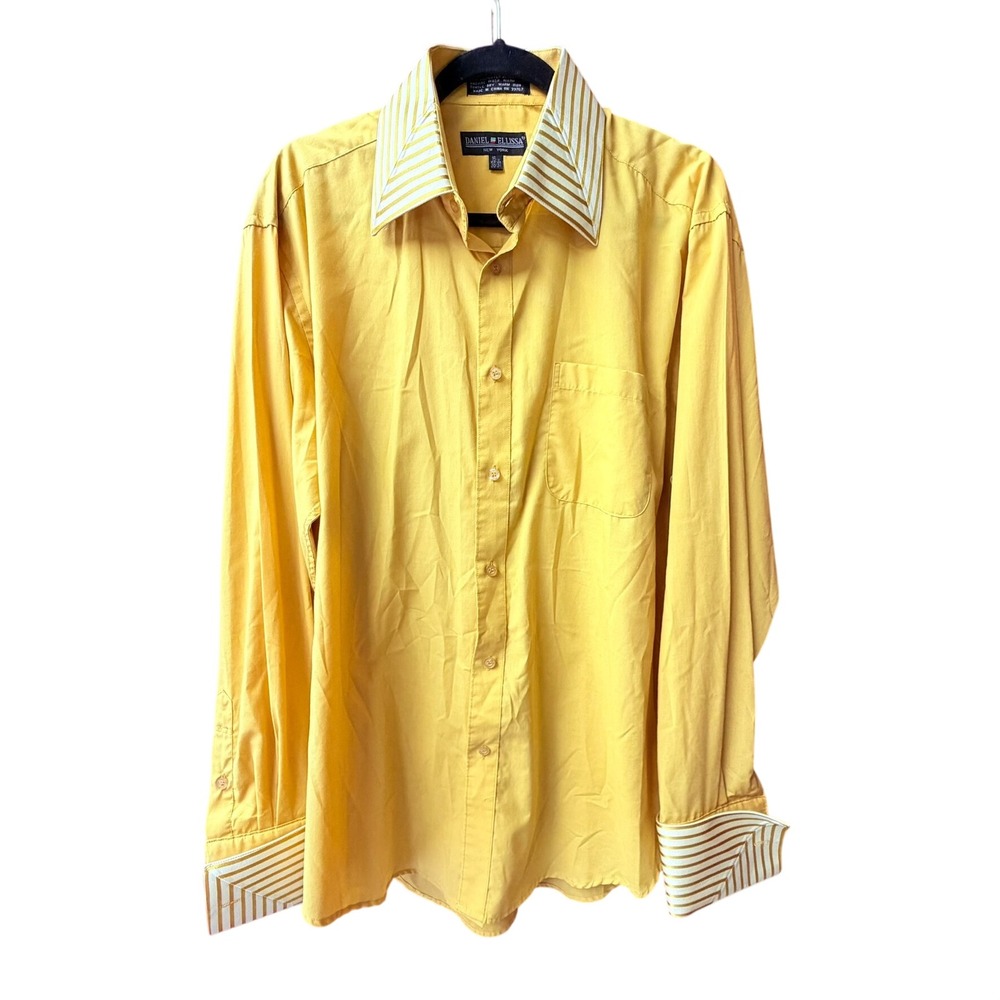Daniel Ellissa Dress Shirt Mens 16.5 36-37 Yellow Striped Contrast French Cuff